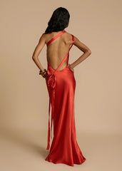 Orange Red Satin One Shoulder Maxi Dress