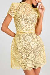 Yellow Crochet Lace Short Sleeve Mini Dress