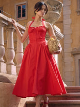 Red Pleated Waist Halter Midi Dress