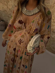 Petite Beige Shell Print Long Sleeves Maxi Dress
