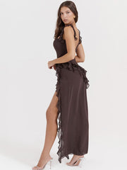 Coffee Ruffled Long Maxi Slip Dress