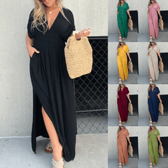 Casual V-neck High Slit Midi Dress
