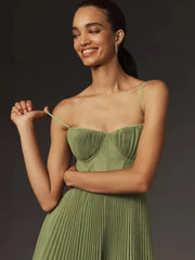 Green Bustier Pleated Flare Midi Dress