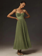 Green Bustier Pleated Flare Midi Dress