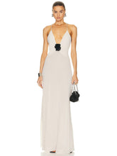 Rosette Trim Plunging Maxi Evening Dress