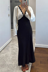 Color Block Satin Lace Trim Long Sleeve Maxi Dress