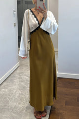 Color Block Satin Lace Trim Long Sleeve Maxi Dress