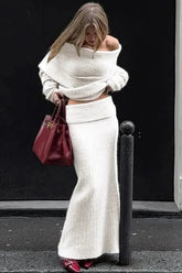 Off-Shoulder Knit Sweater And Long Skirt Set