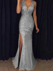 Sequined High Slit Evening Maxi Dress