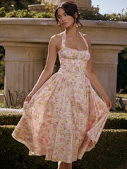 Pink Floral Pleated Halter Midi Dress