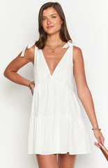 White Shoulder Tie Mini Dress