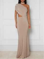 Beige One Shoulder Cutout Maxi Dress