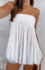 White Pleated Strapless Top