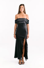 Black Off Shoulder Satin Maxi Dress