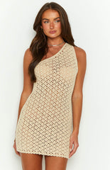 Beige Crochet Knit Mini Dress