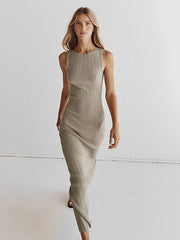 Light Khaki Ribbed Knit Midi Dress