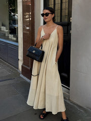 Beige Double V-neck Midi Dress