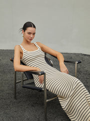 Beige Stripe Knit Midi Dress