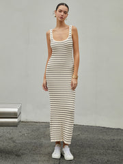 Beige Stripe Knit Midi Dress