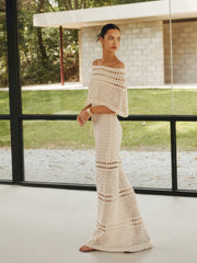 Beige Crochet Knit Strapless Maxi Dress