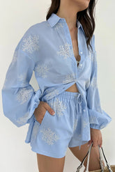 Plant Embroidery Casual Shorts Set