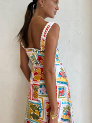 Colorful Stamps Print Sleeveless Maxi Dress