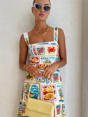 Colorful Stamps Print Sleeveless Maxi Dress
