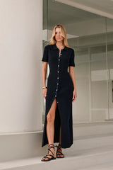 Metal Button Collar Midi Dress