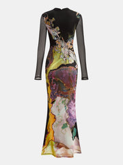 Black Artistic Floral Long Sleeves Midi Dress