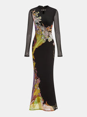 Black Artistic Floral Long Sleeves Midi Dress
