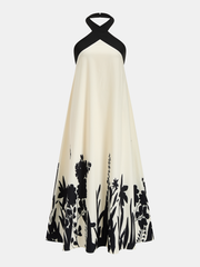 Black White Floral Halter Midi Dress