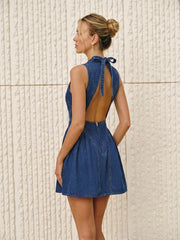 Blue Denim Backless Mini Dress