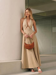Chic Cutout Linen Halter Maxi Dress