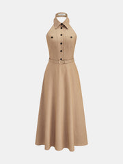 Khaki Belted Shirt Midi Dress