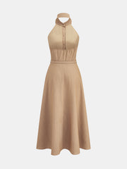 Khaki Belted Shirt Midi Dress