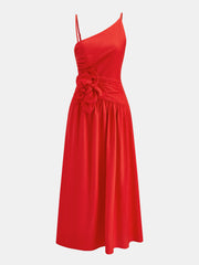 Red Rosette One-Shoulder Midi Dress