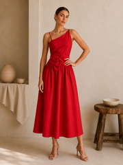Red Rosette One-Shoulder Midi Dress