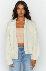 Cream Ribbed Knit Cardigan