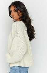 Cream Ribbed Knit Cardigan
