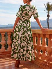 Green Floral Surplice Midi Dress