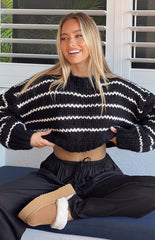 Black And White Striped Crop Sweater