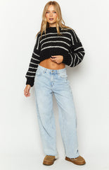 Black And White Striped Crop Sweater