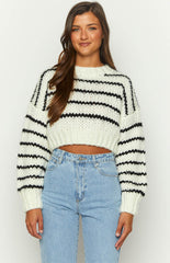 White Striped Knit Crop Sweater