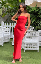 Red Strapless Satin Maxi Dress
