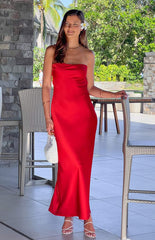 Red Strapless Satin Maxi Dress