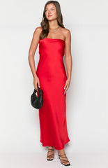 Red Strapless Satin Maxi Dress