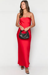 Red Strapless Satin Maxi Dress