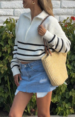 Cream Stripe Quarter Zip Knit Jumper