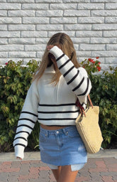 Cream Stripe Quarter Zip Knit Jumper