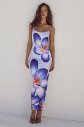 Violet Flower Print Slim Fit Midi Dress